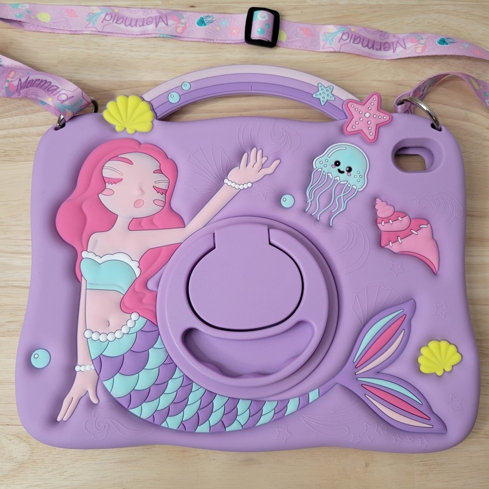 New Kids Mermaid Shockproof Case Apple iPad 10.9" w/ Strap & Kickstand Purple